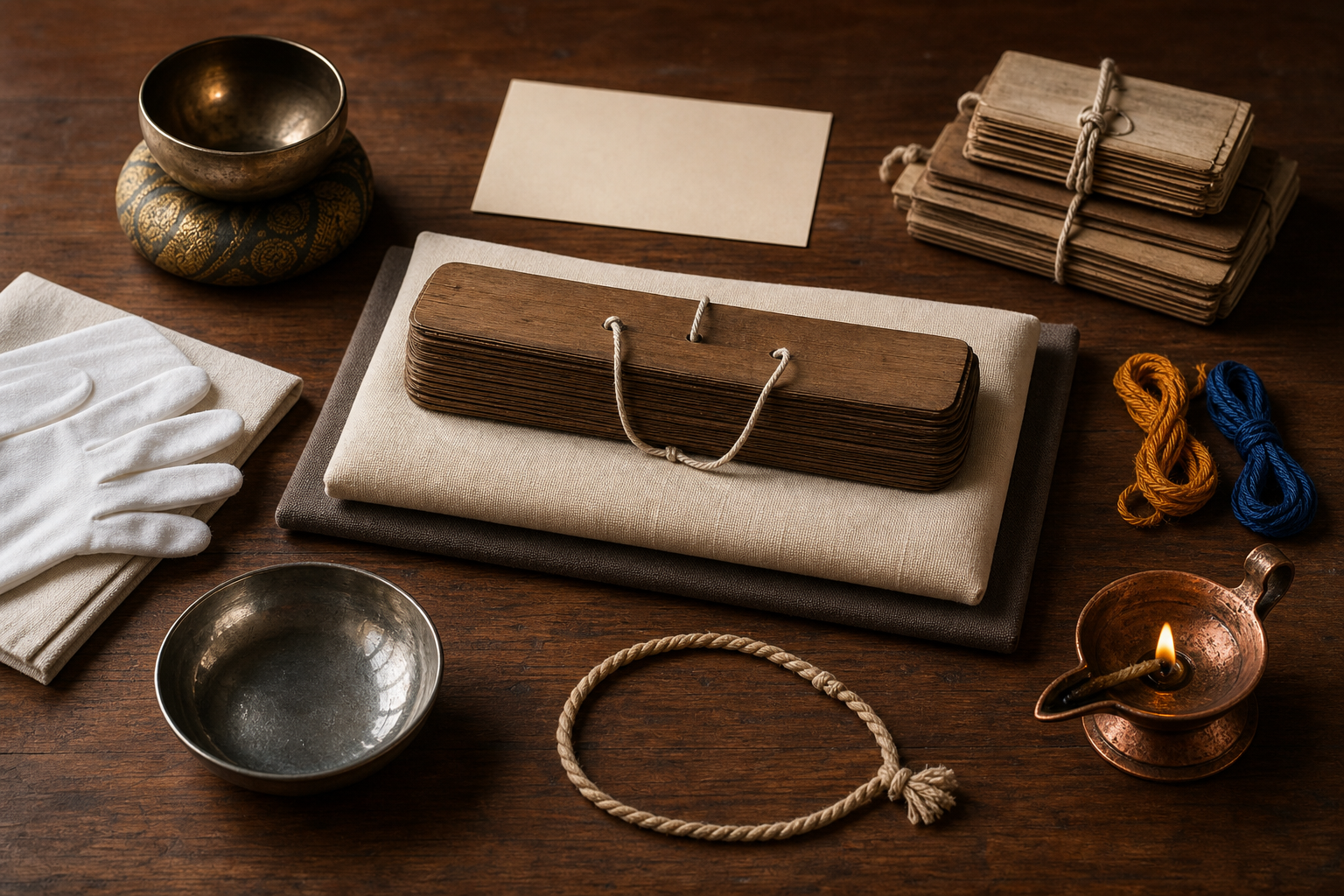 Seven study objects are arranged in sequence around a closed palm-leaf manuscript bundle on a scholar's wooden table.