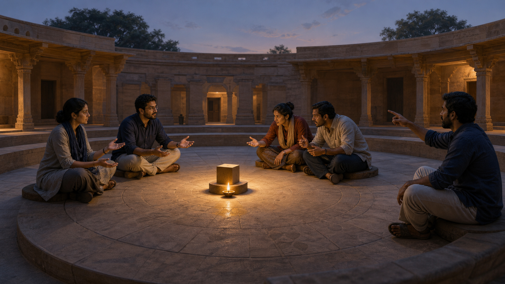 Indian adults engage in three contrasting styles of debate around an oil lamp and an unmarked object in a circular courtyard.