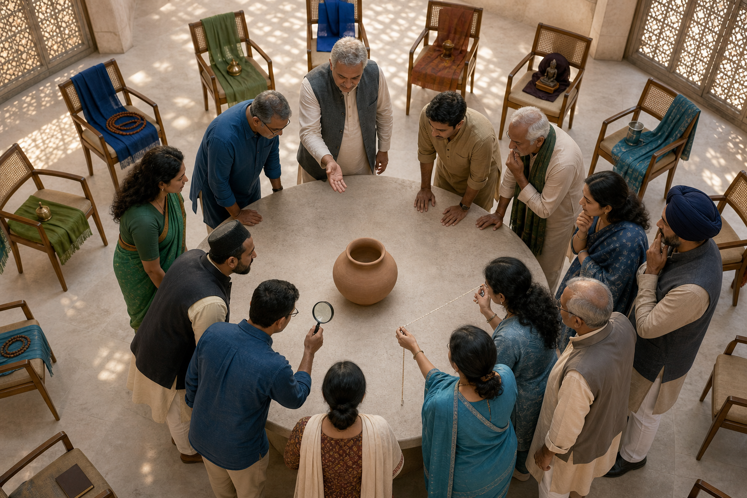 Citizens examine the same clay vessel from several angles after leaving their colored personal tokens on chairs behind them.
