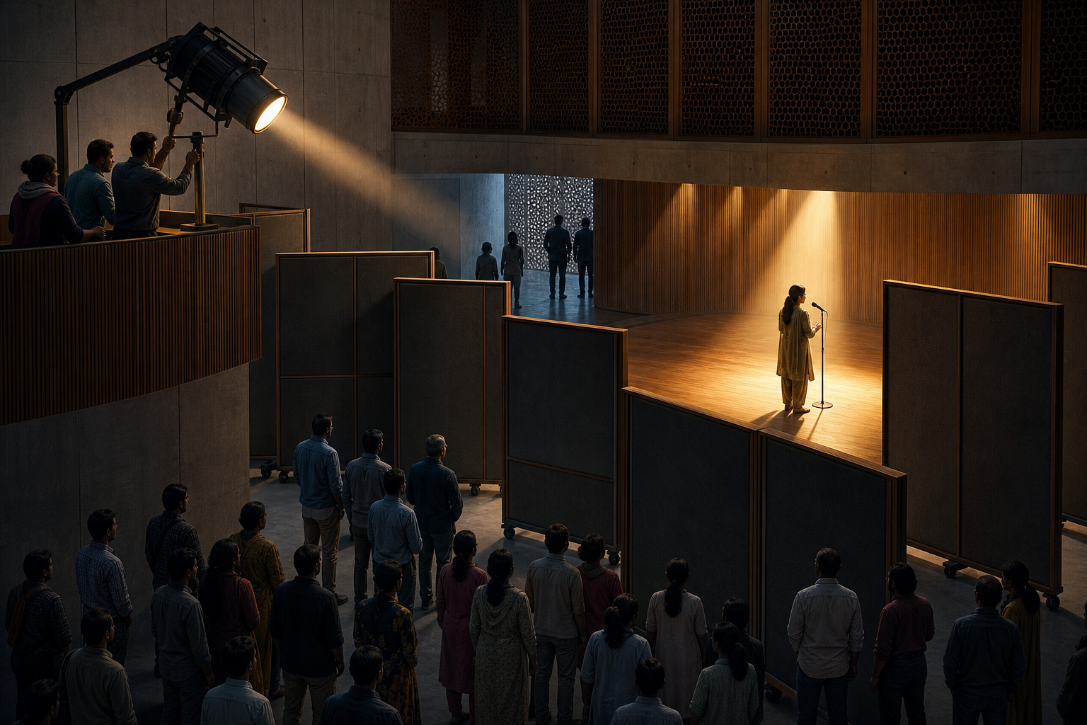 A few gatekeepers control the microphone, spotlight and movable screens in a civic auditorium while many people remain outside the lit speaking area.