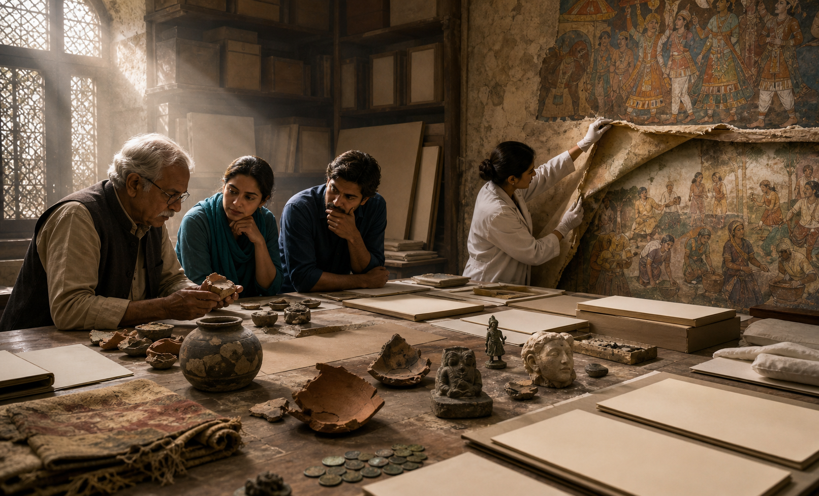 Researchers study incomplete historical artifacts as a conservator reveals overlooked everyday figures beneath a layered mural.