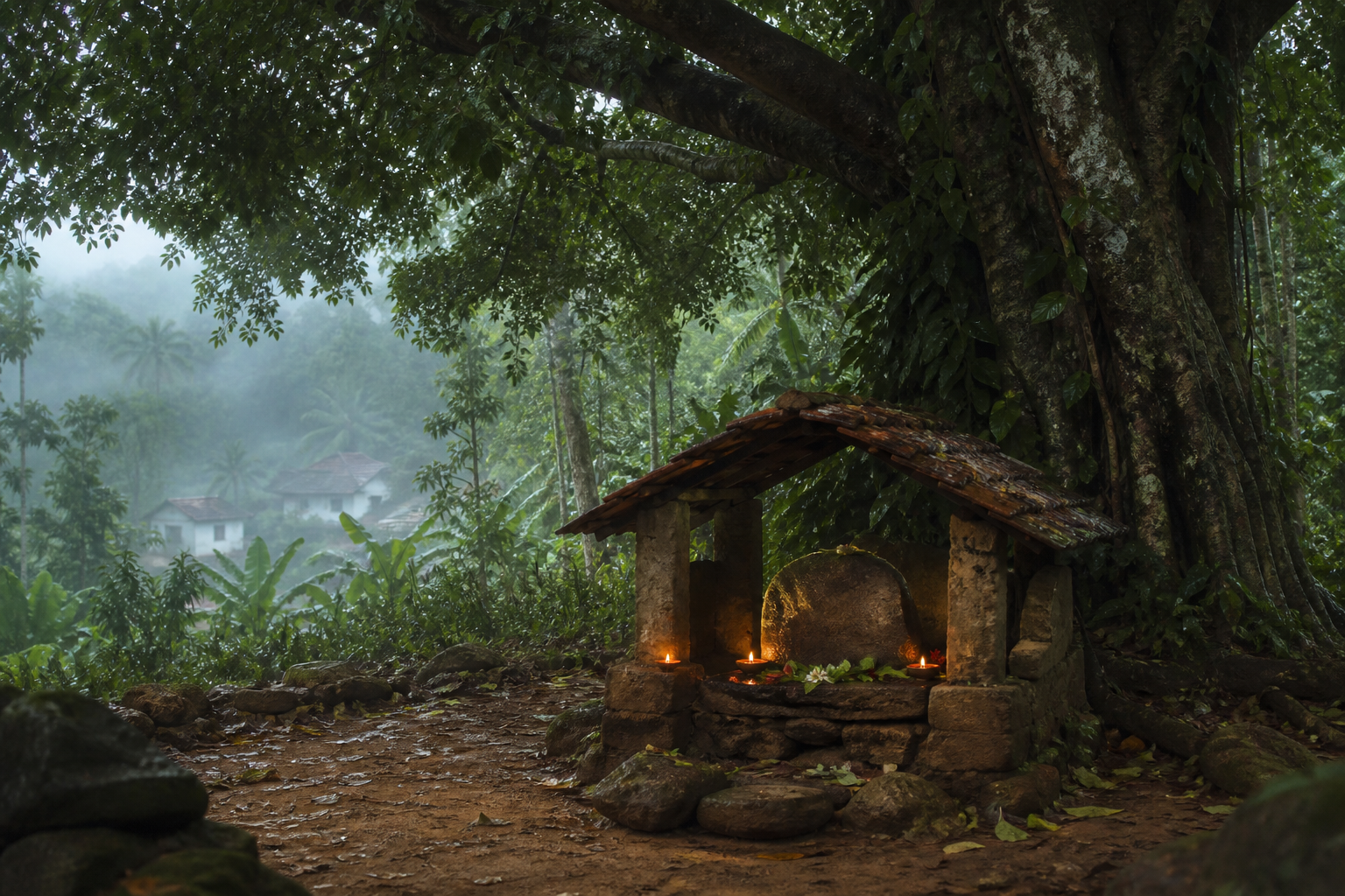 A small stone guardian shrine beneath a large tree at the edge of a misty South Indian forest, with lamps and flowers nearby.