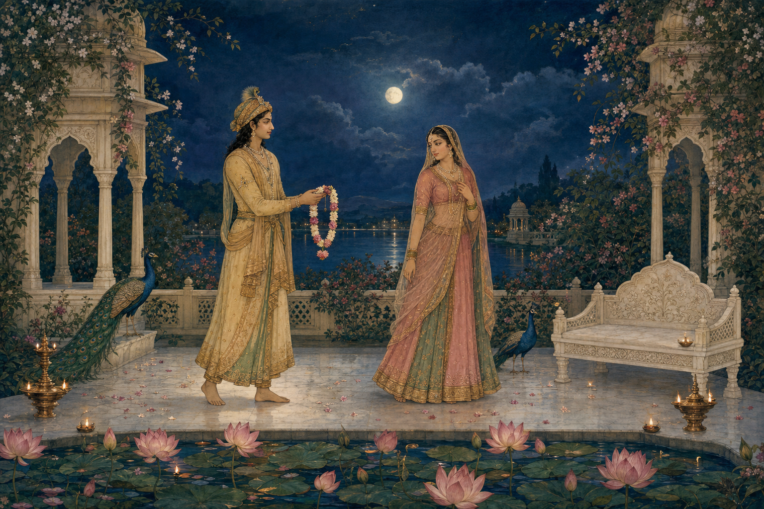 Two adult figures exchange a flower garland and a turned glance in a moonlit garden with a lotus pool, flowering vines, peacocks, lamps, and an empty marble seat.