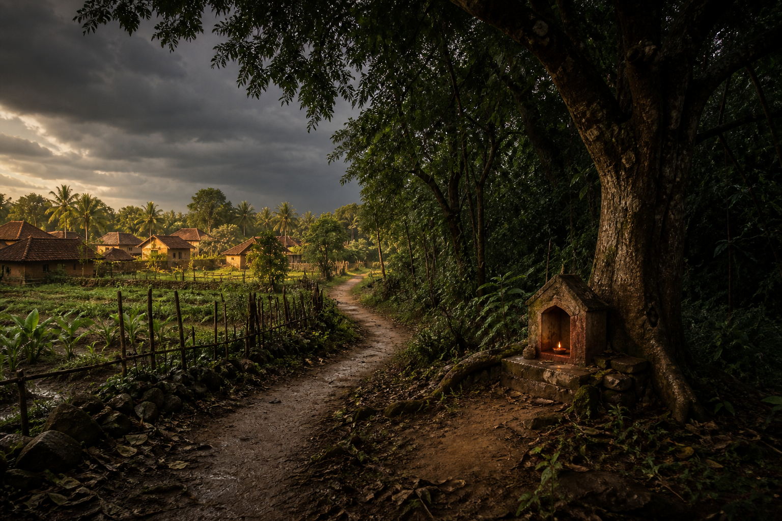 A lamp-lit guardian shrine stands beside a tree where a village path meets dense forest under monsoon clouds.