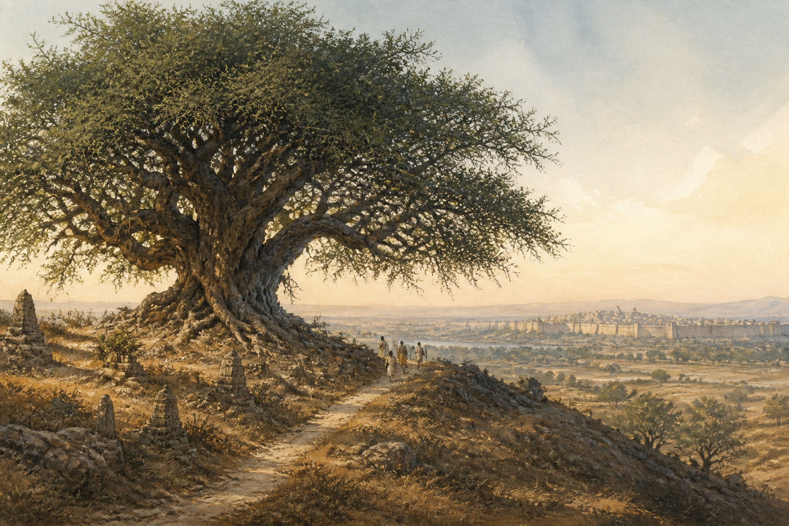 A large shami tree stands beside a secluded ancient cremation ground on rough terrain, with the city of Virata visible far away.