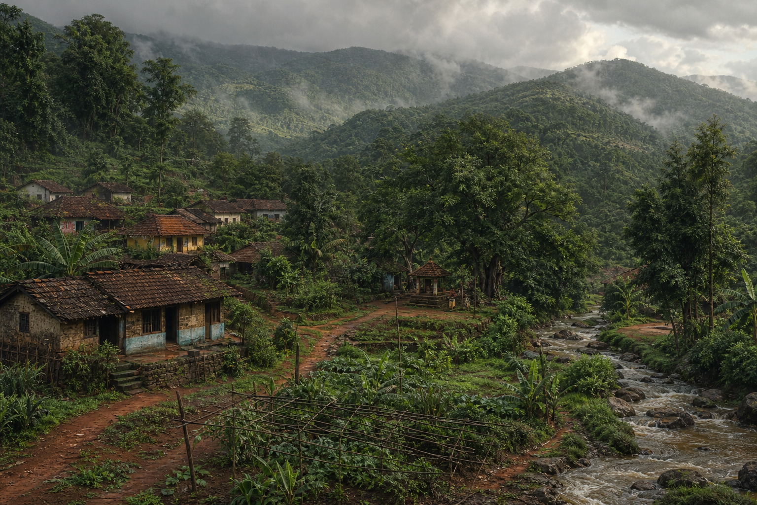 Forested hills, tiled-roof homes, fields, a stream and a small tree-shaded shrine form a South Indian borderland village landscape.