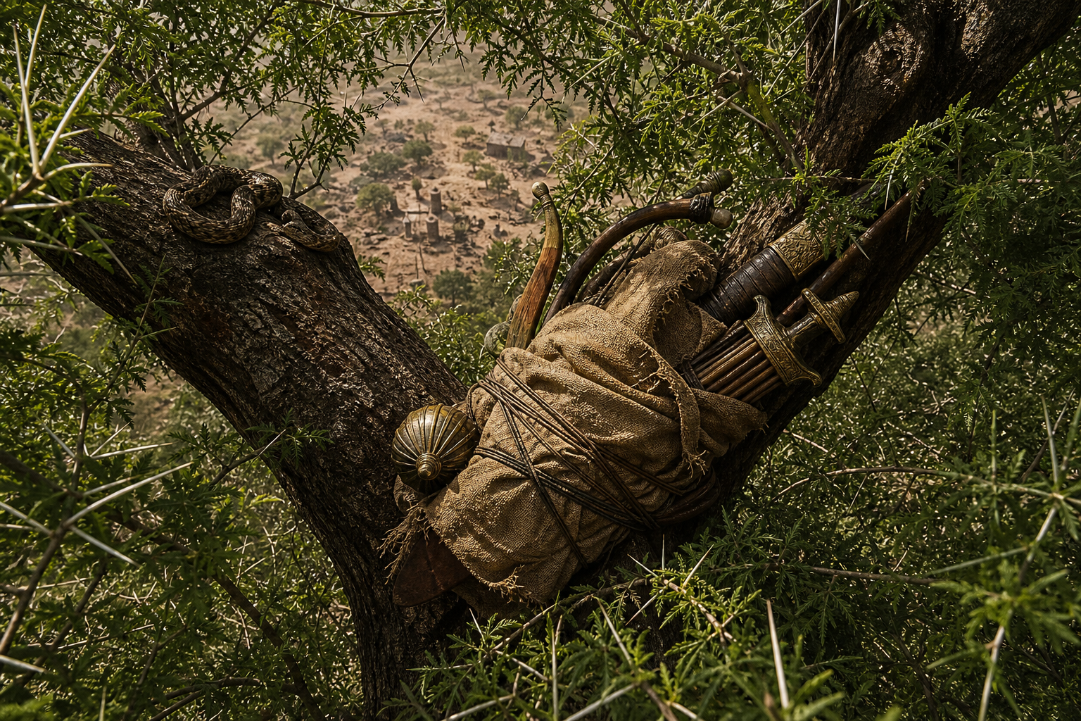 A cloth-wrapped bundle of bows, quivers, swords, and a mace is tied high among the dense thorny branches of a shami tree.
