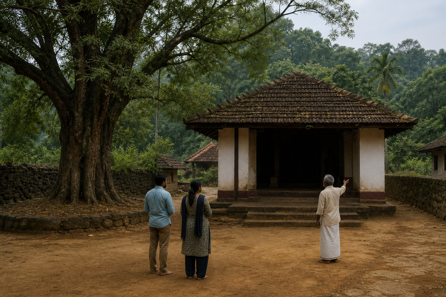 Two visitors stand back and listen to a local elder outside a modest tree-shaded village shrine.