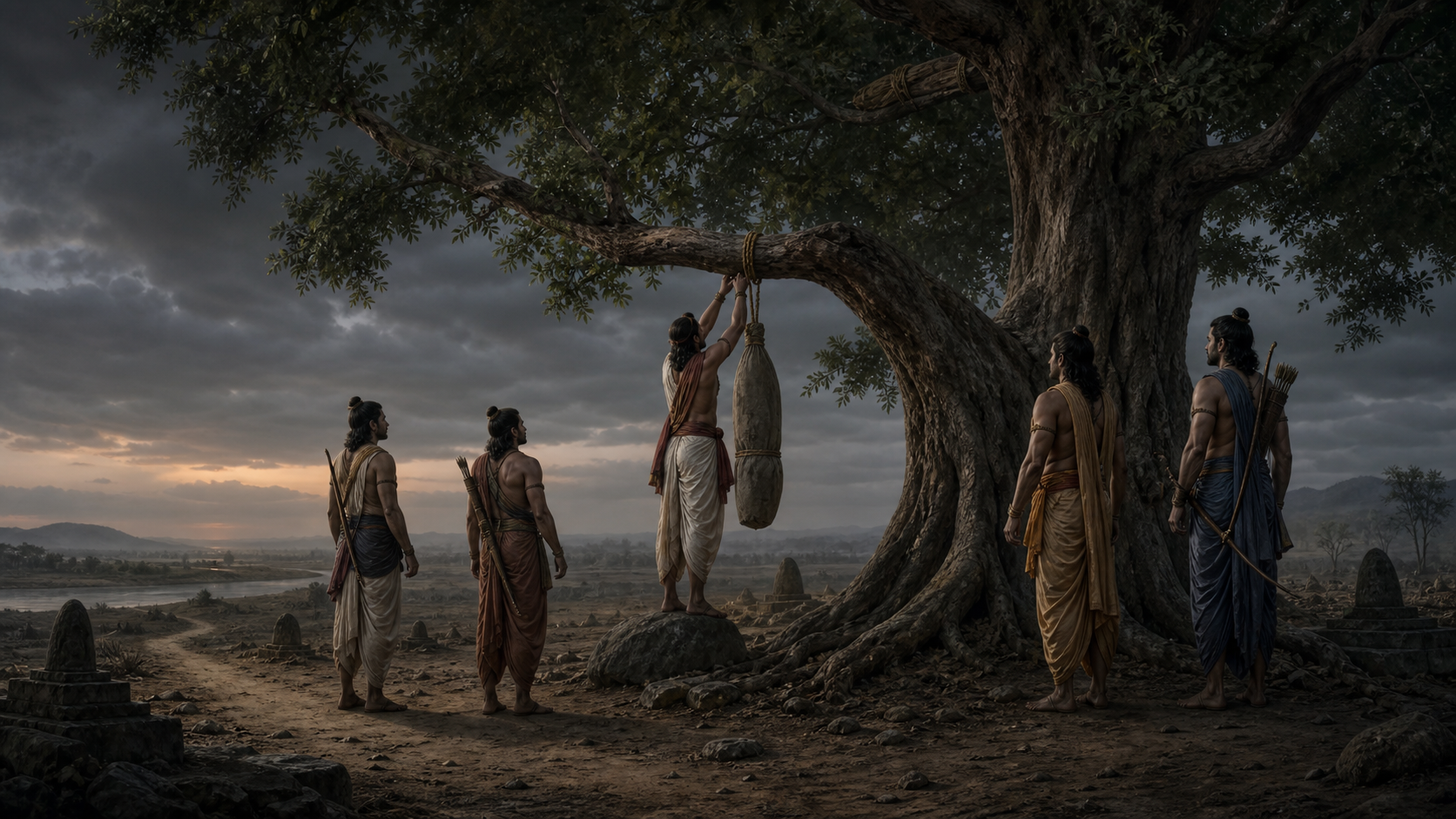 The Pandavas fasten a fully shrouded body to a lower branch of the shami tree as a deterrent while their weapon bundle remains hidden higher in the foliage.