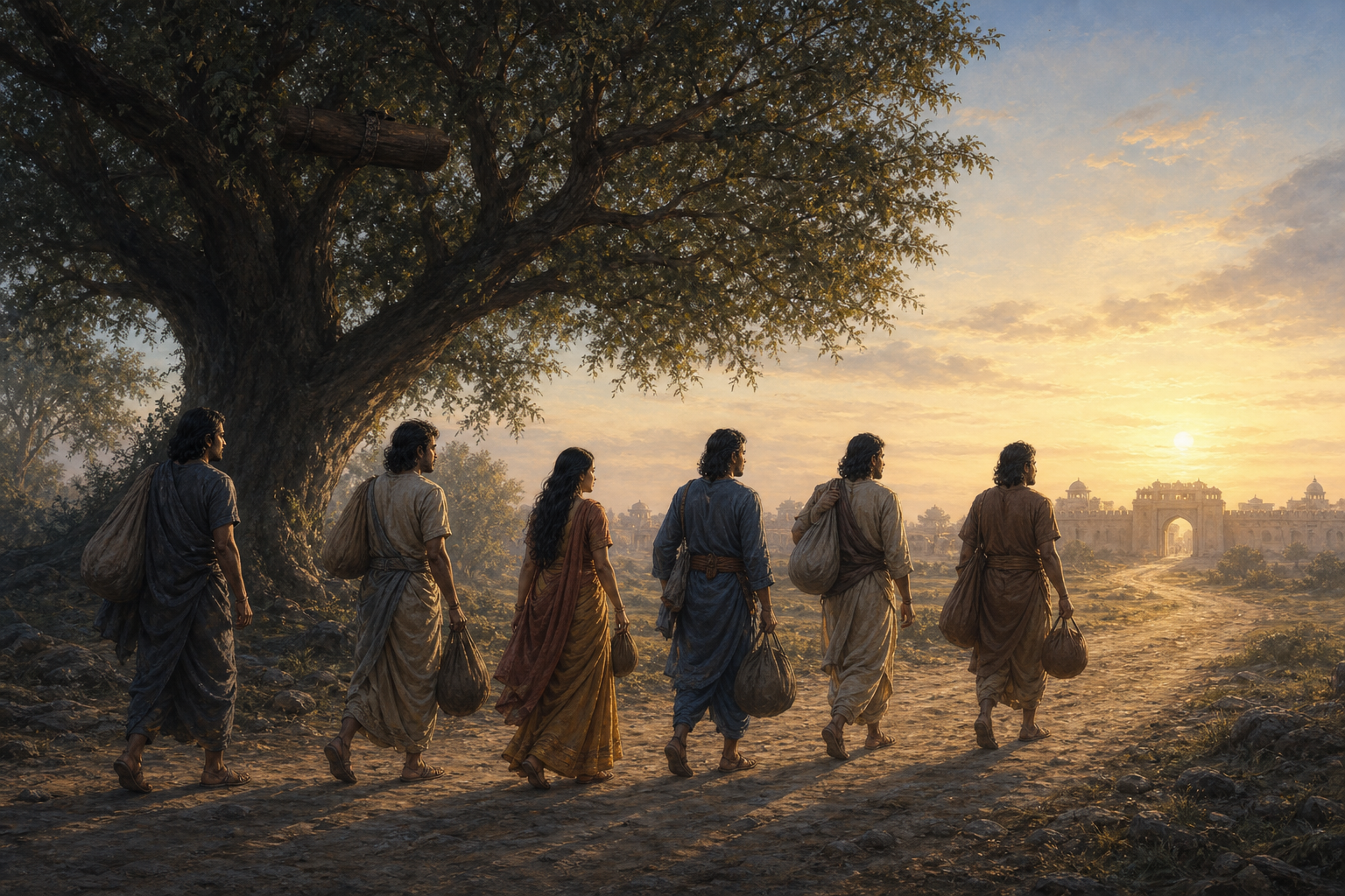 The five Pandavas and Draupadi leave their hidden weapons in a shami tree and walk toward Virata dressed as ordinary travelers.