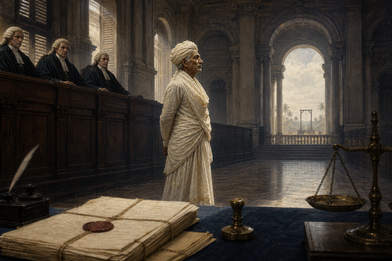 An elderly Maharaja Nandakumar stands inside a colonial courtroom as British judges preside above him and the shadow of a distant gallows crosses the floor.