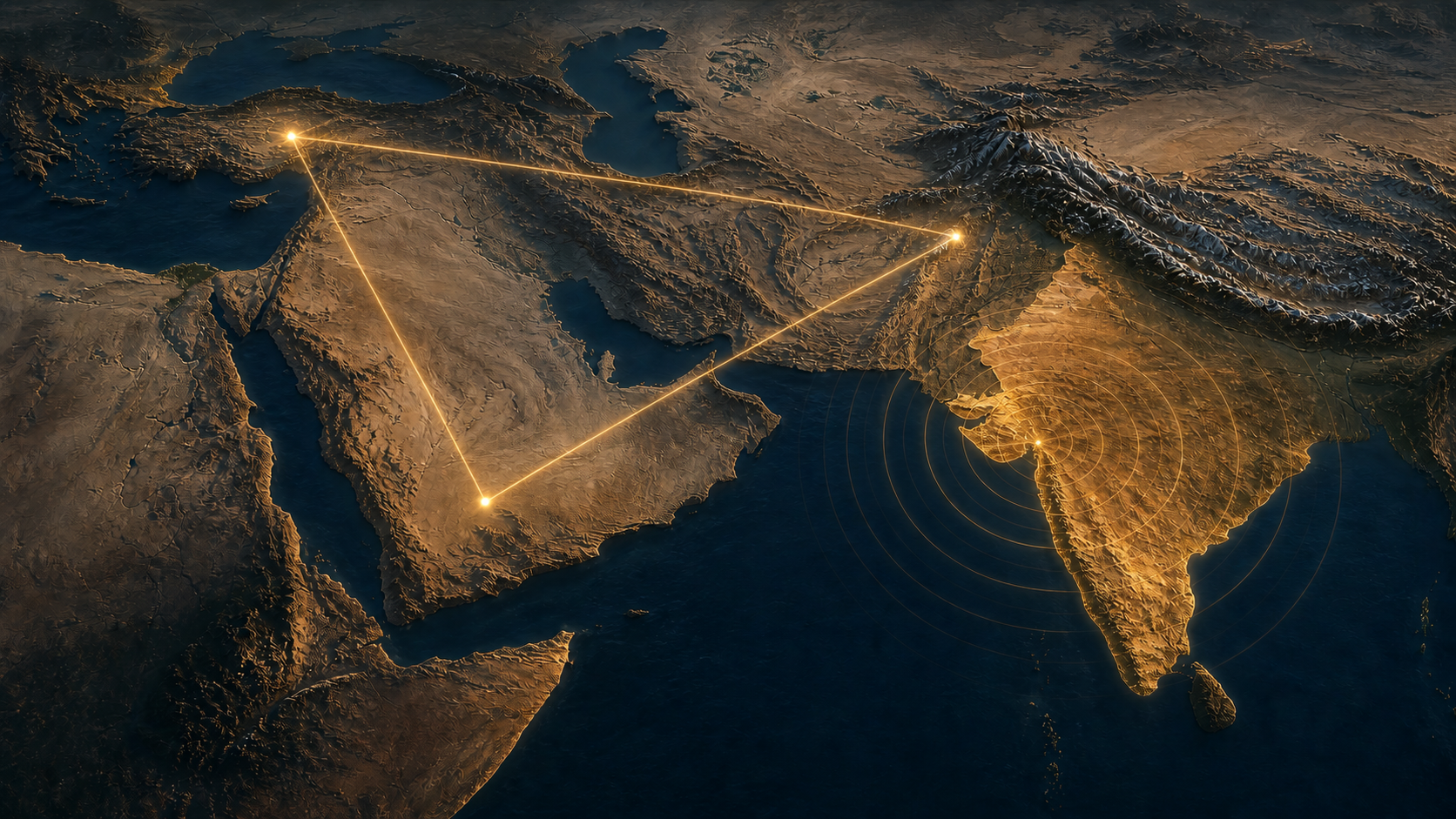 Relief map of the Arabian Sea region with three glowing routes linking Pakistan, Saudi Arabia, and Turkiye while early-warning rings surround Bharat.