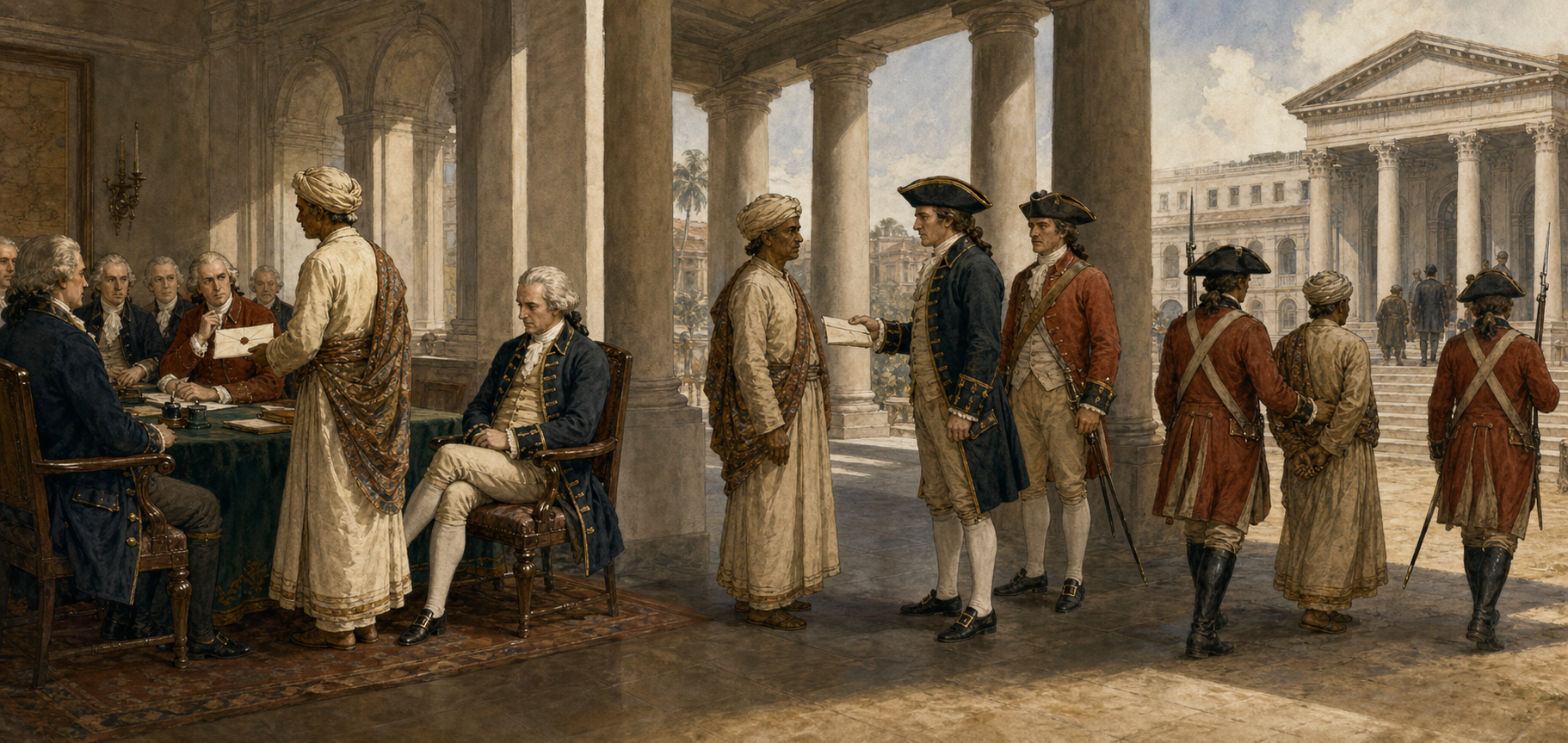 A panoramic scene shows Nandakumar presenting a sealed petition to the Bengal council, being approached by colonial officers and then escorted toward a British court.