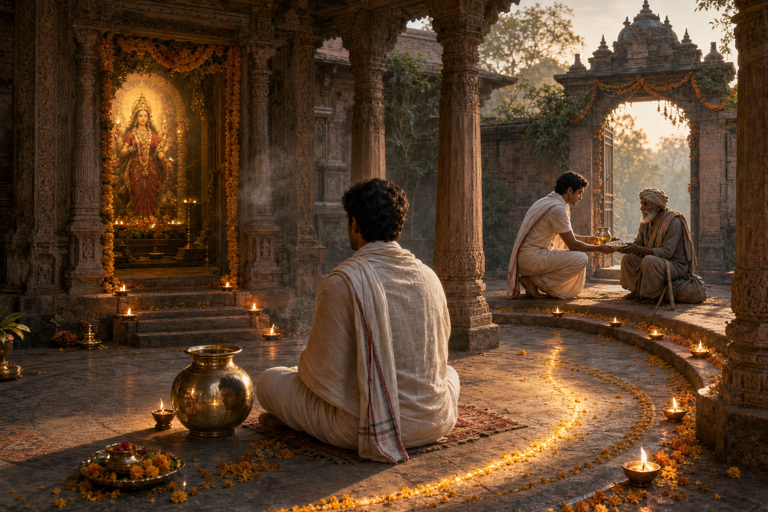 A devotee meditates in a temple courtyard, sees a reflection in a brass vessel, and offers food and water to an elderly visitor.