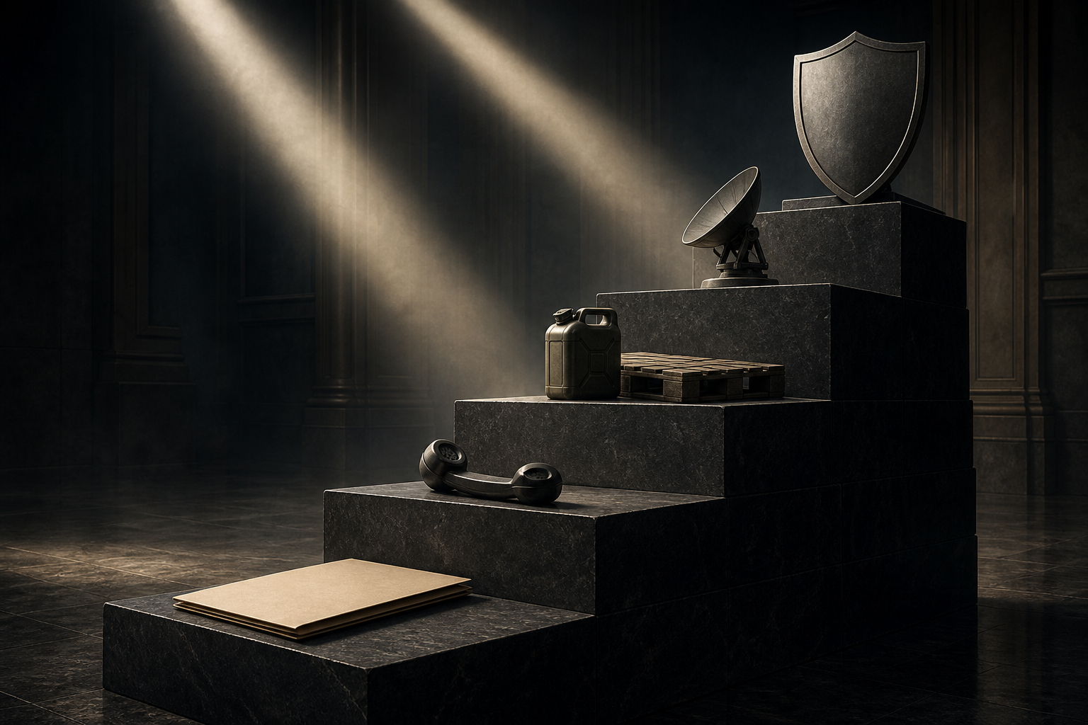 A dark stone staircase displays progressively stronger symbols of diplomatic, logistical, intelligence, and defensive commitments.