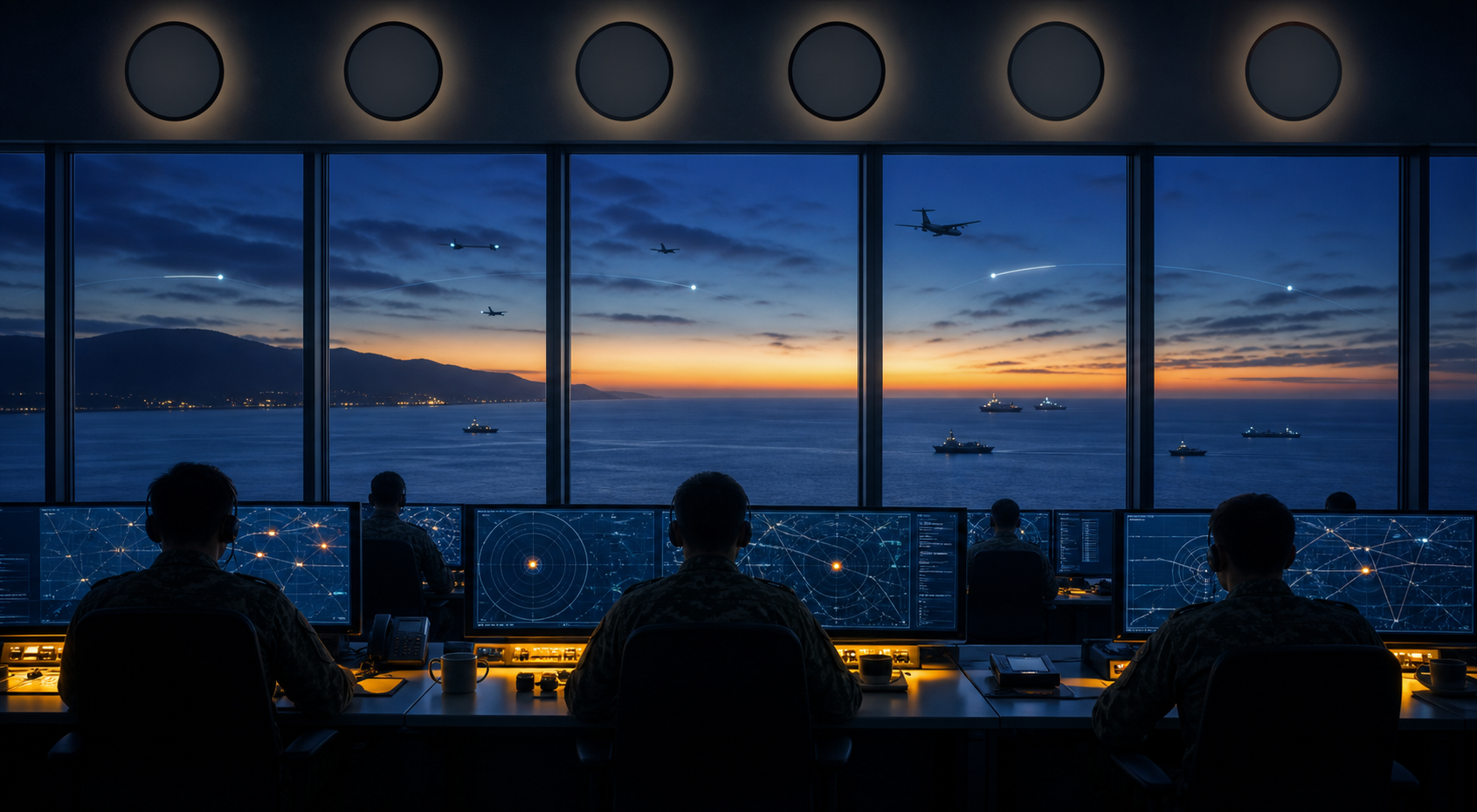 Anonymous analysts watch abstract radar displays in a coastal operations room as aircraft and ships appear on the predawn horizon.
