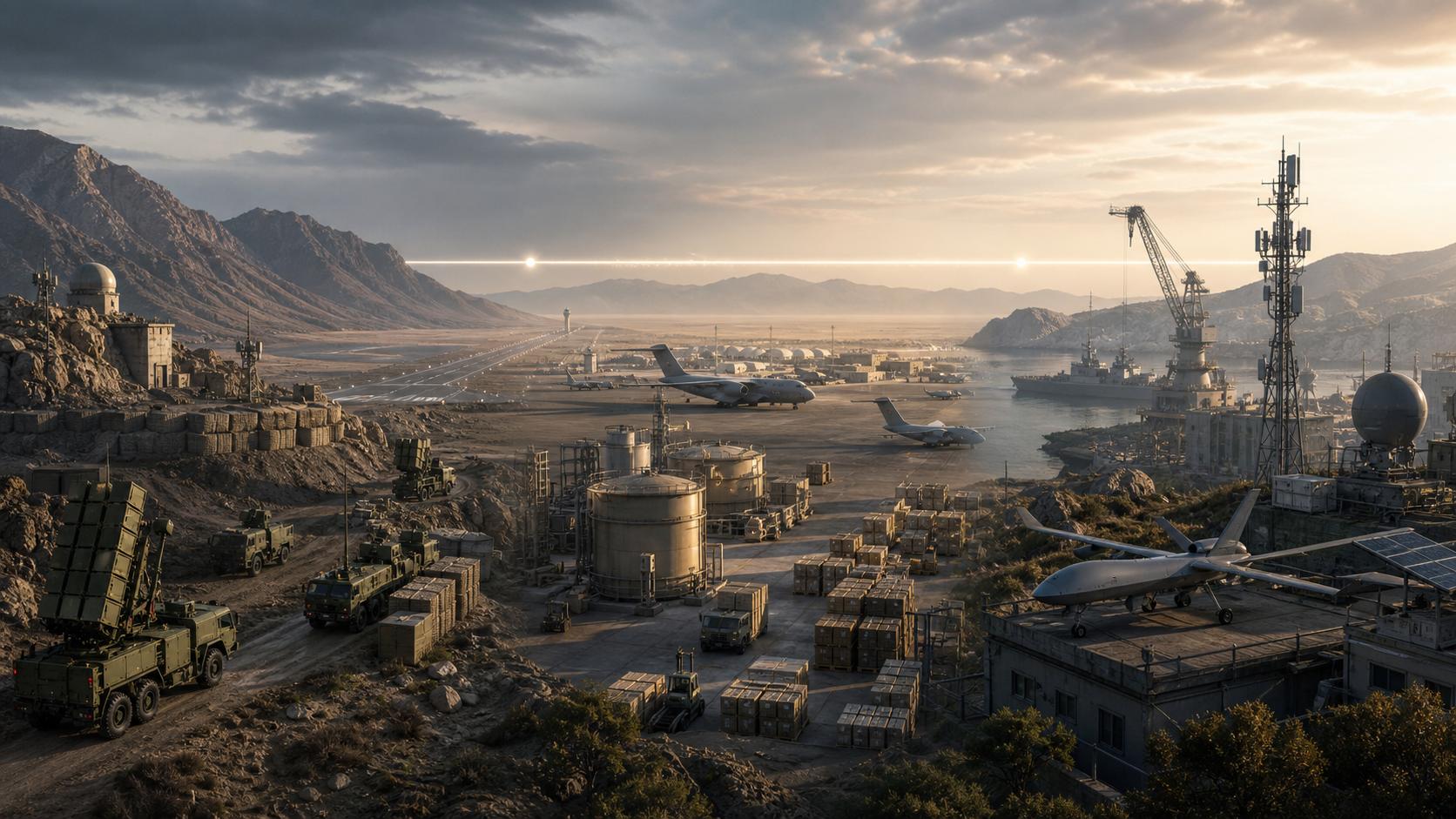 A panoramic scene combines frontier defenses, desert logistics, and coastal defense technology as three distinct strategic pressure points.