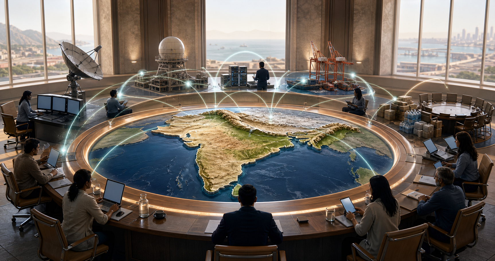 Civilian and security specialists gather around a relief model of Bharat connected to radar, communications, ports, satellites, and relief supplies.