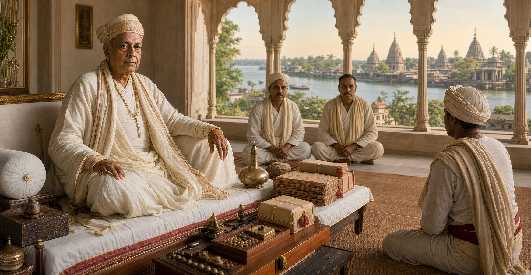 Nanda Kumar Ray sits in an eighteenth-century Bengali administrative chamber with clerks, sealed records and a river settlement visible beyond the arcade.