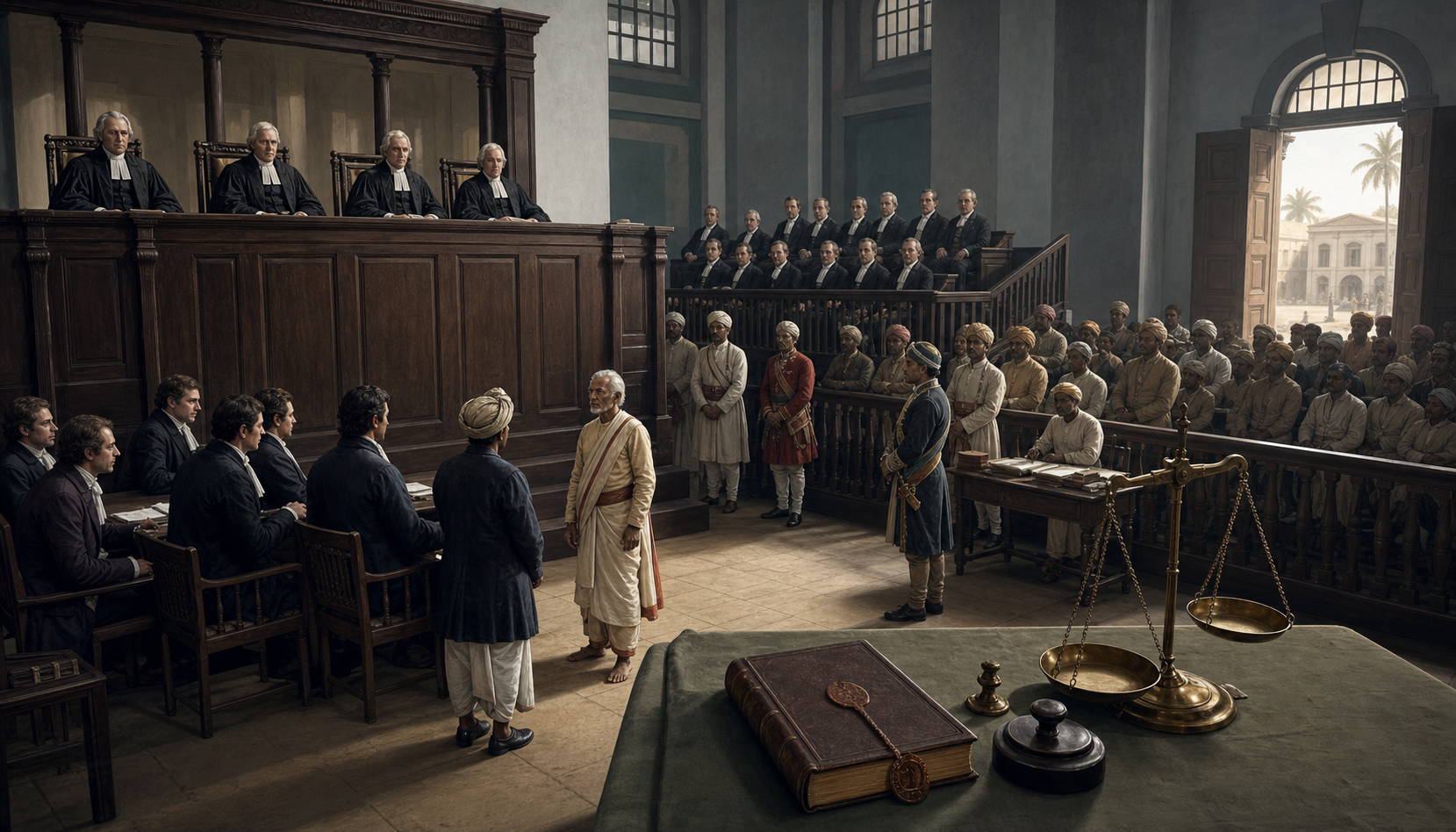 Nandakumar stands below four British judges and a group of European jurors in a crowded eighteenth-century colonial courtroom in Calcutta.