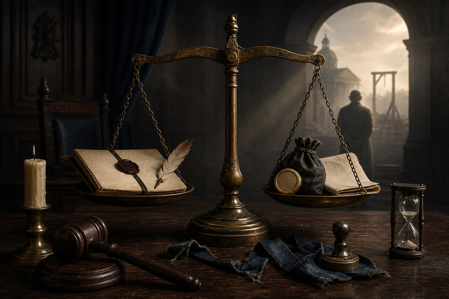 A nearly level brass scale weighs a sealed forgery file against a signet and coin pouch, with a court arch, prisoner and distant gallows in the background.