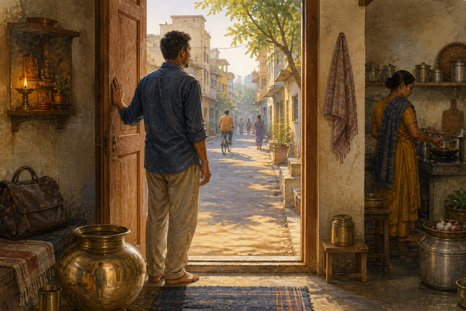 An adult pauses in the doorway of an Indian home at dawn, with a lit oil lamp, work bag, cooking vessels, and family life visible inside.