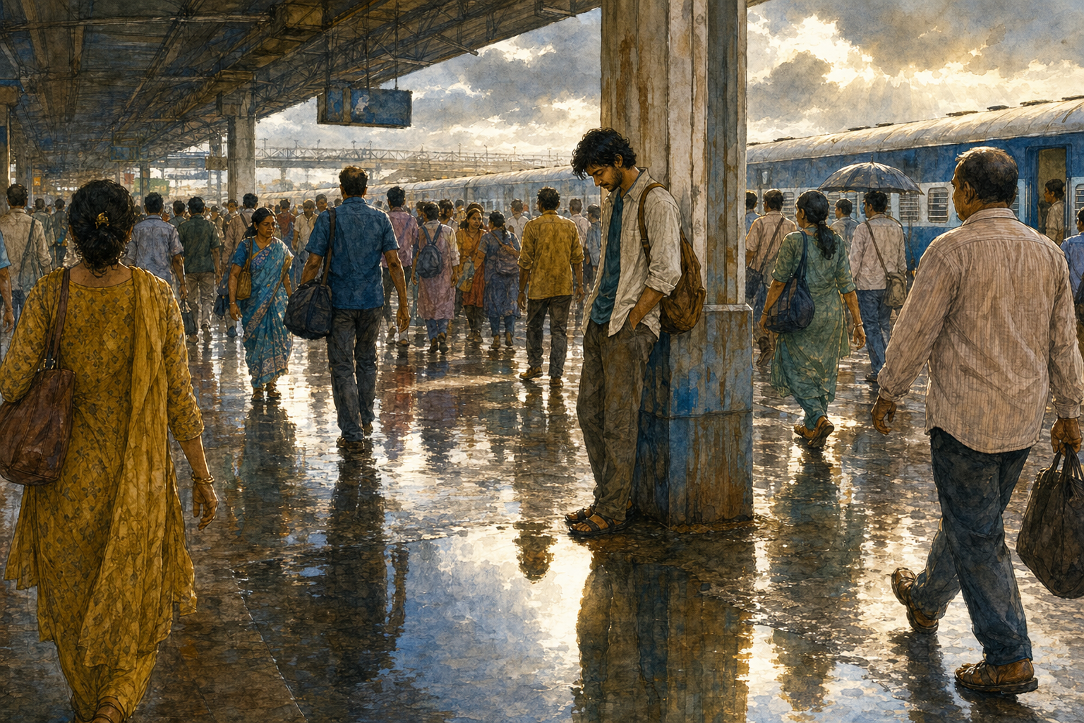 A traveler on a crowded railway platform pauses to look into a rain puddle while other passengers continue moving around them.