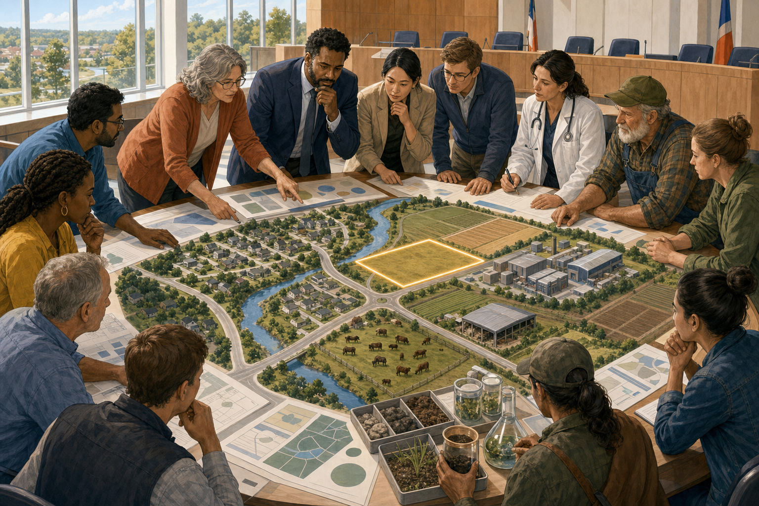 Residents, planners, a veterinarian, and a farmer examine an unlabeled town model and project documents around a municipal planning table.