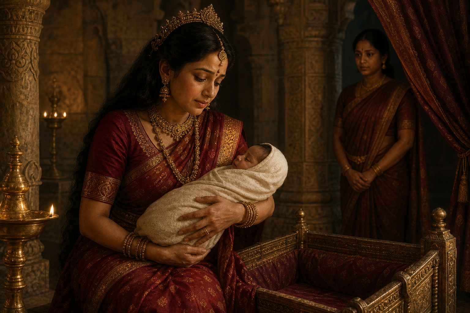 Mandodari cradles a swaddled newborn Sita in a lamplit royal chamber while an attendant waits near a curtain.
