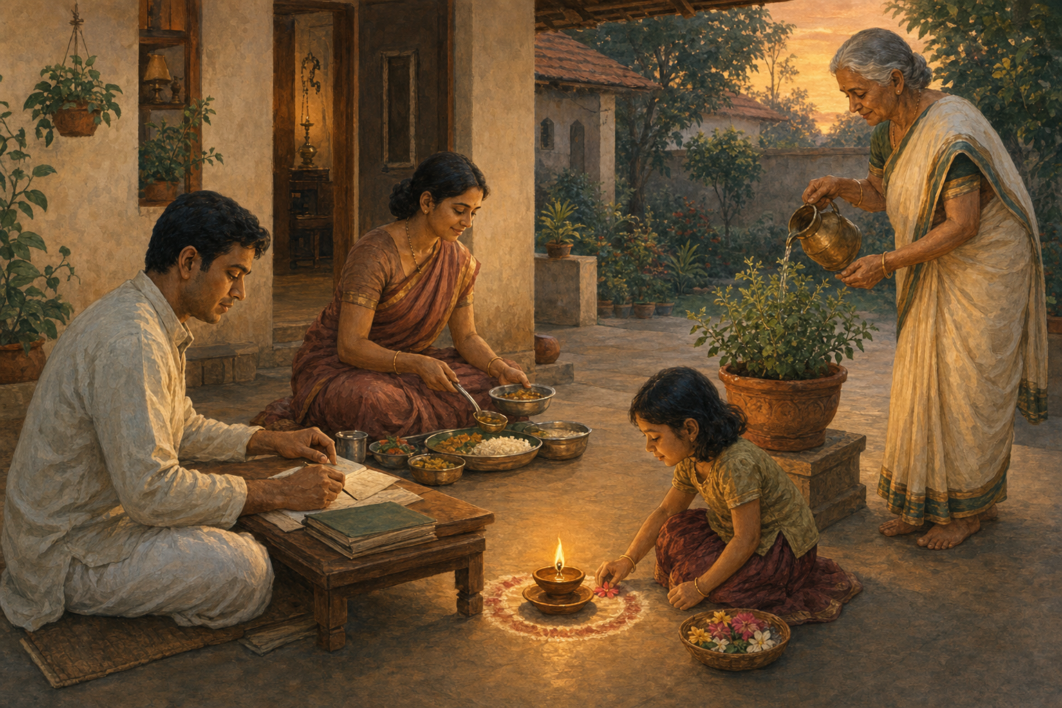 Three generations work, prepare a meal, tend a tulsi plant, and place a flower beside an oil lamp in a home courtyard.