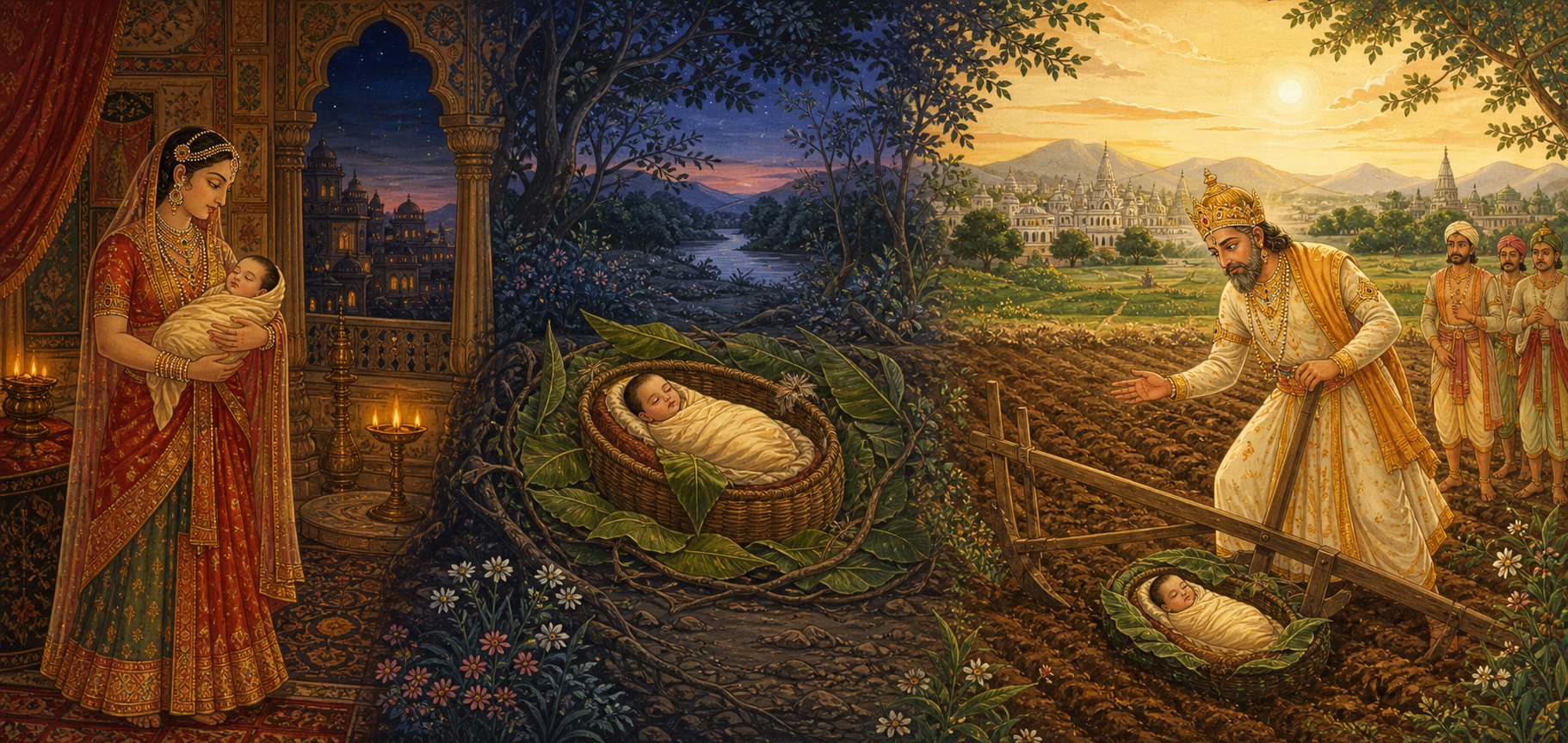 A panoramic scene shows Mandodari holding a newborn, the infant concealed safely amid earth and leaves, and Janaka discovering her in a ploughed field.