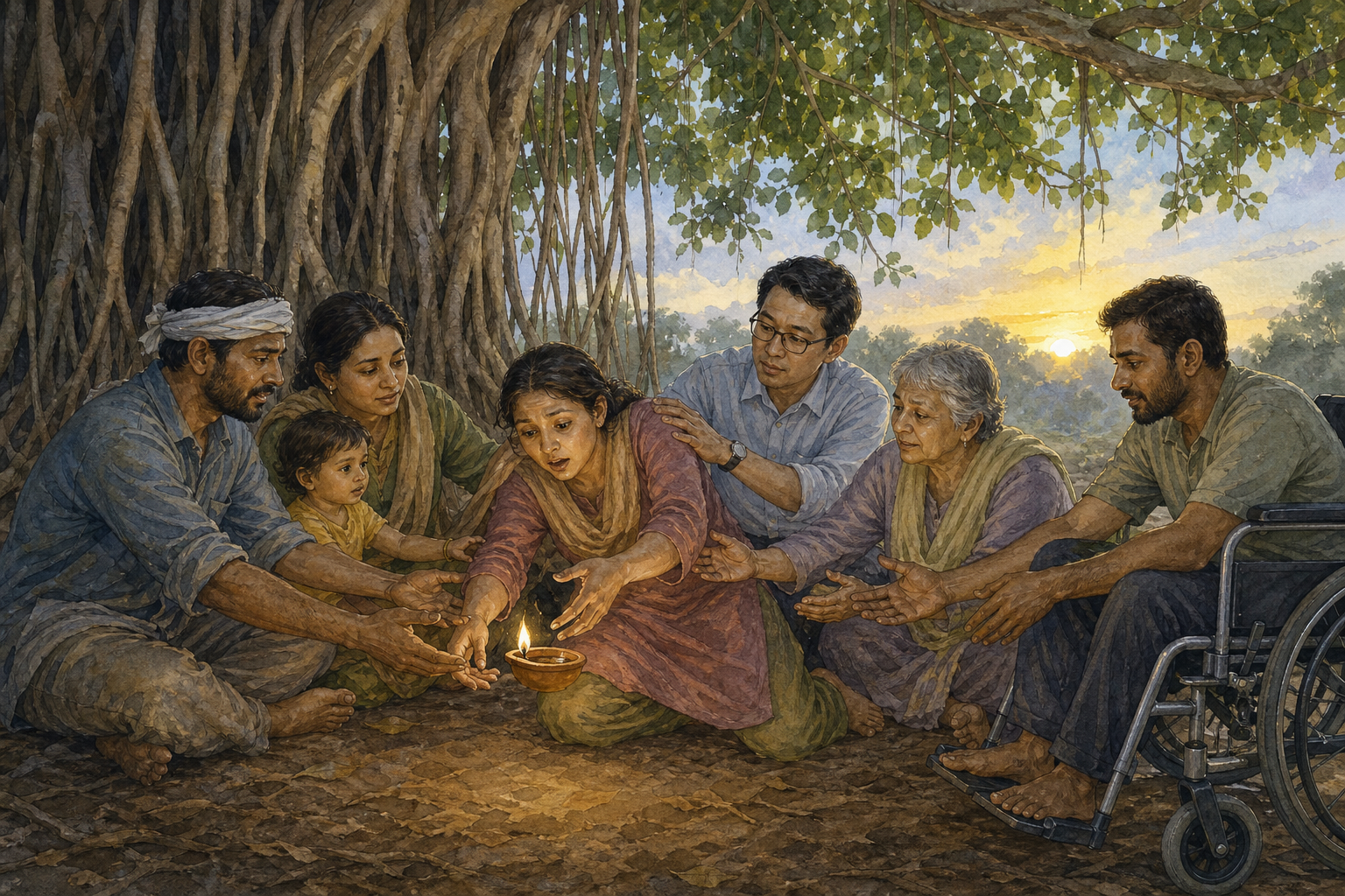 Adults from varied walks of life sit together beneath a banyan tree and help steady a person carrying a lit clay lamp.