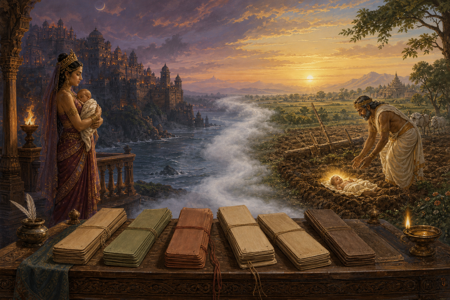 Lanka at twilight and the fields of Mithila at sunrise appear on opposite sides of a misty landscape, with blank palm-leaf manuscript bundles in the foreground.