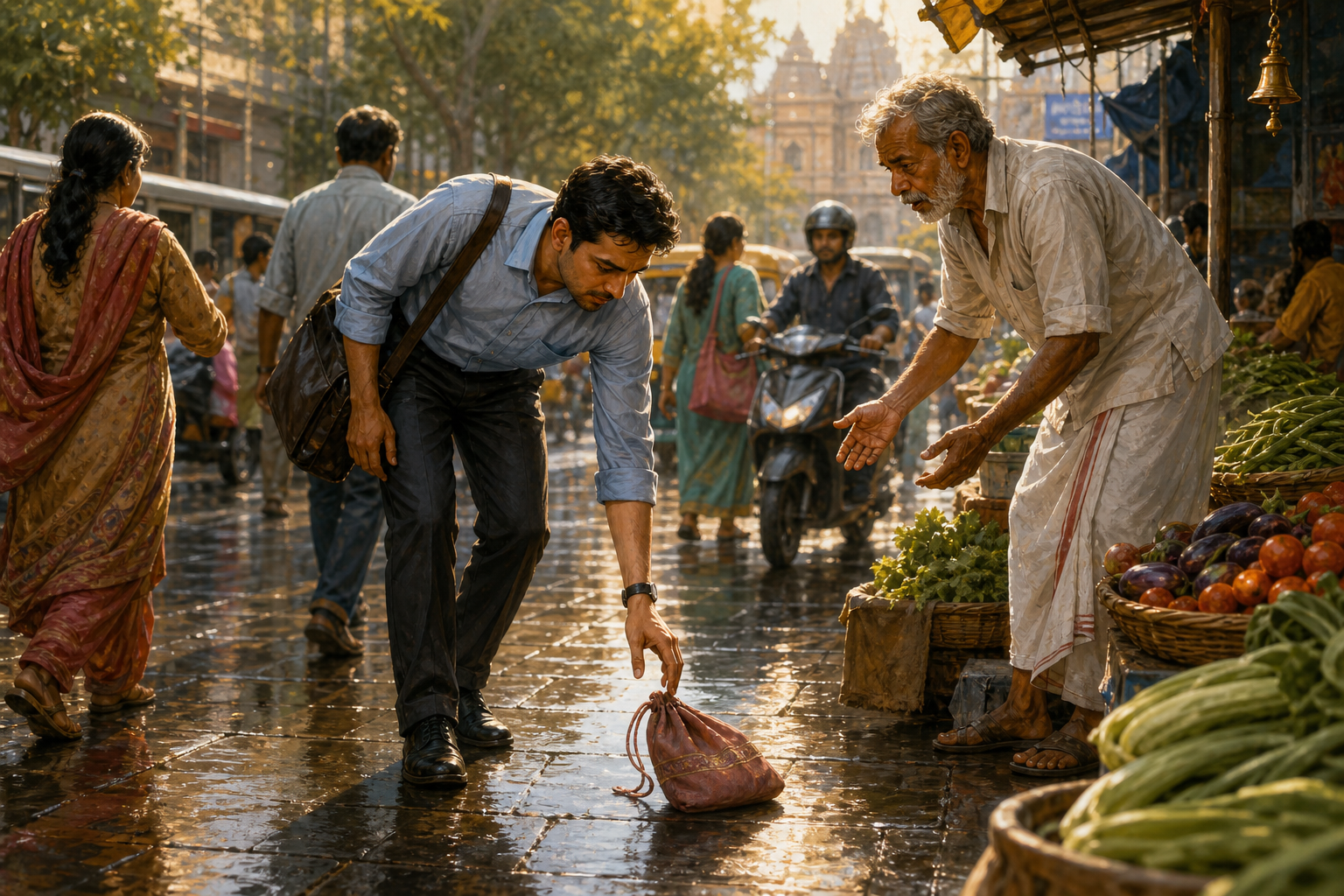 A commuter reaches for a dropped purse to return it to an older market vendor on a rain-washed street.