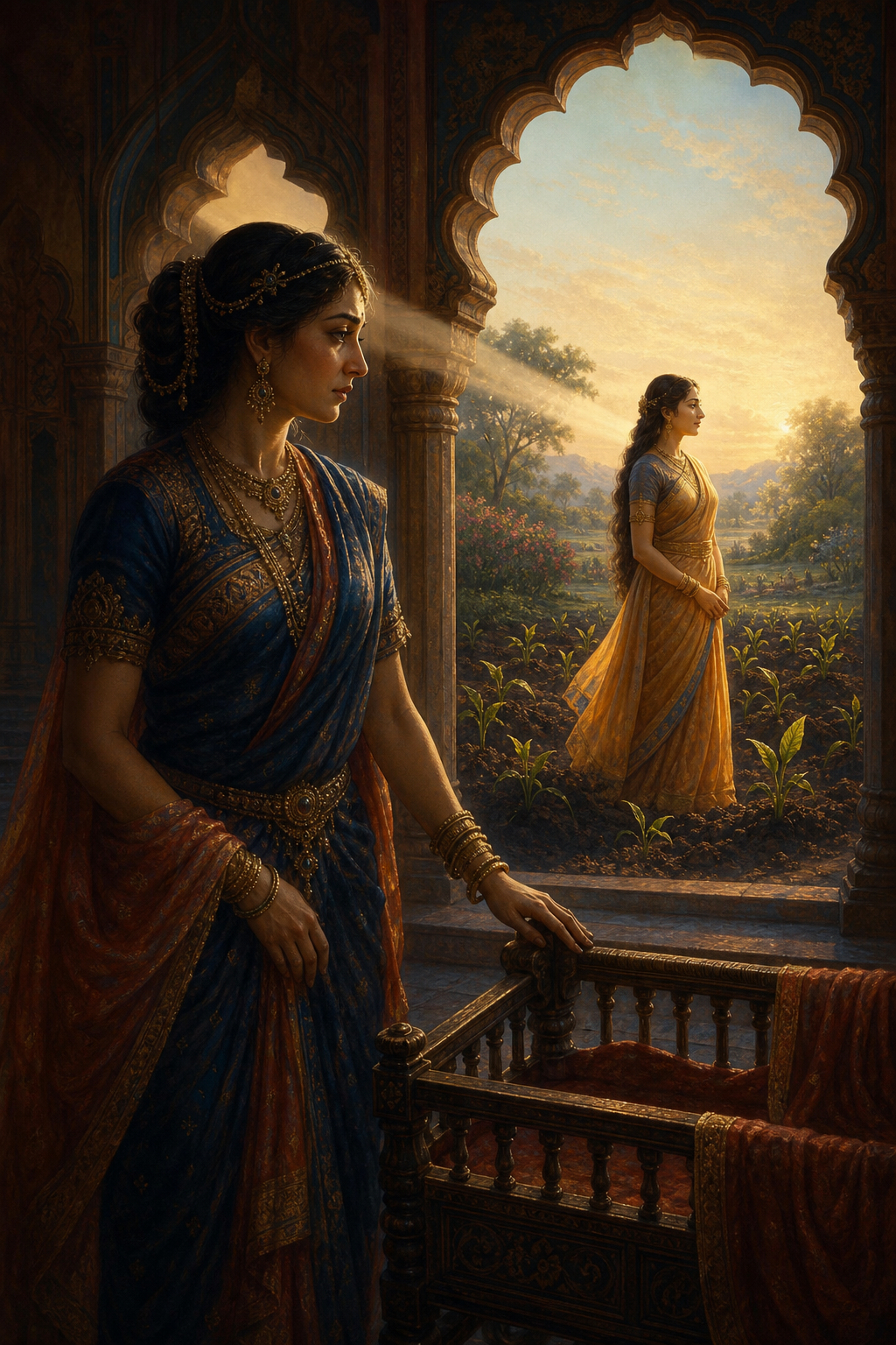 Mandodari stands beside an empty cradle in a shadowed palace while an adult Sita appears beyond the arches in a sunlit garden.