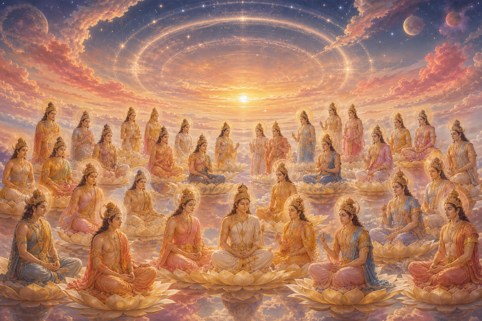 A serene assembly of luminous celestial figures gathered on lotus terraces beneath a rose, gold, and indigo cosmic sky.