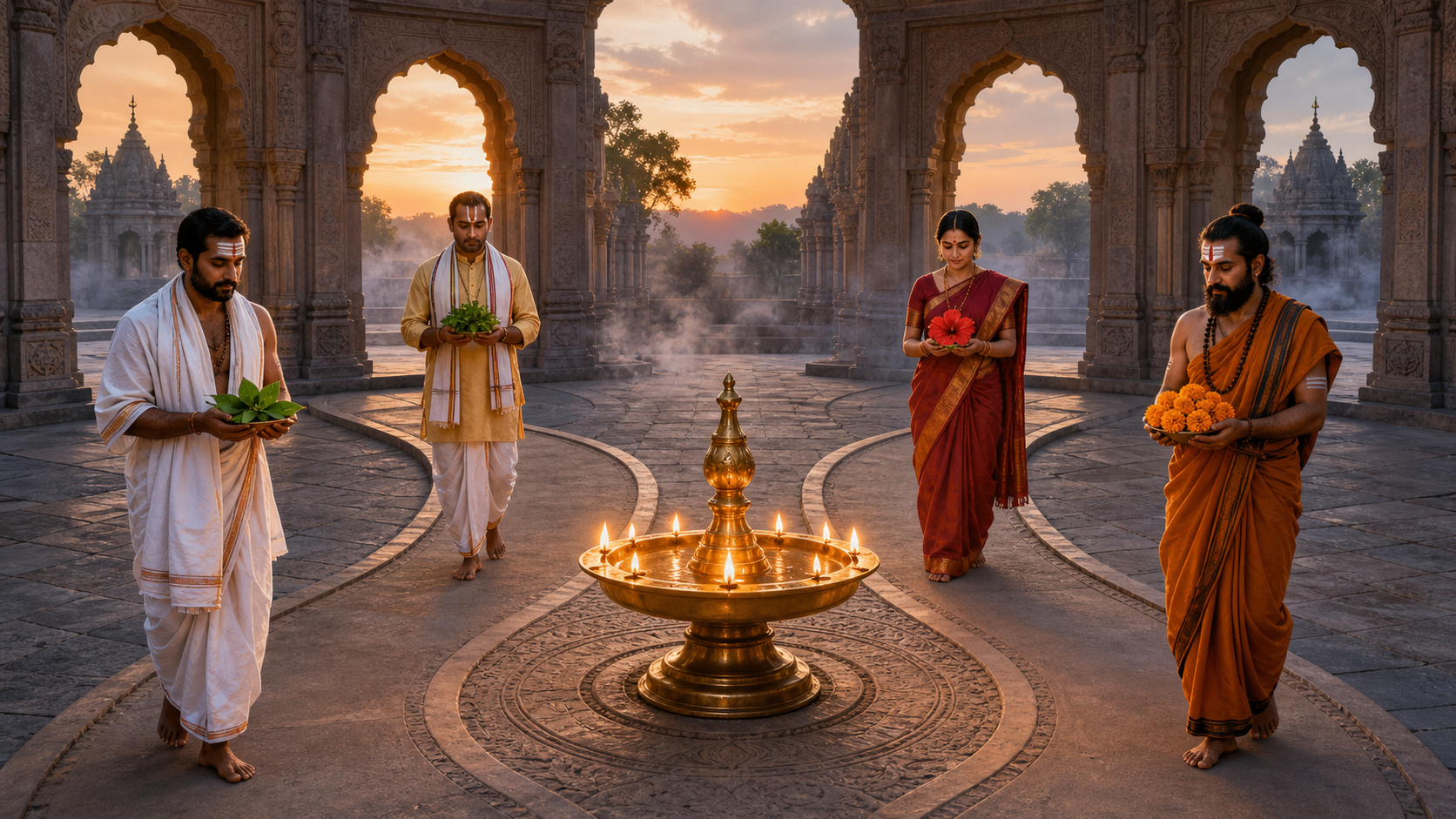 Four Hindu devotees carrying different offerings walk through a temple courtyard toward a central brass oil lamp at dawn.