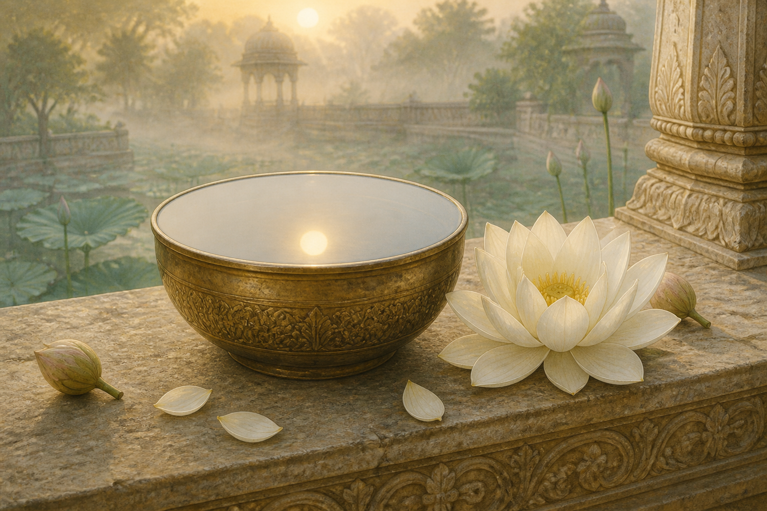 A full bronze bowl of still water and an open white lotus rest on a stone ledge in a misty garden.