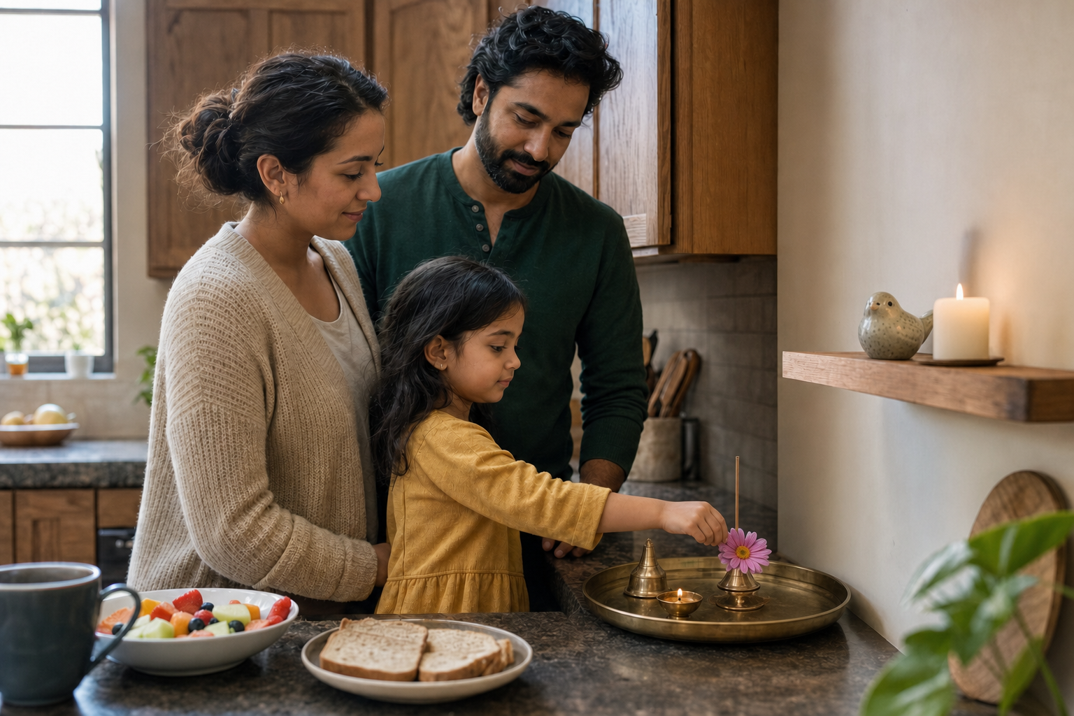A child places a flower on a puja tray with help from two parents in a sunlit family kitchen.