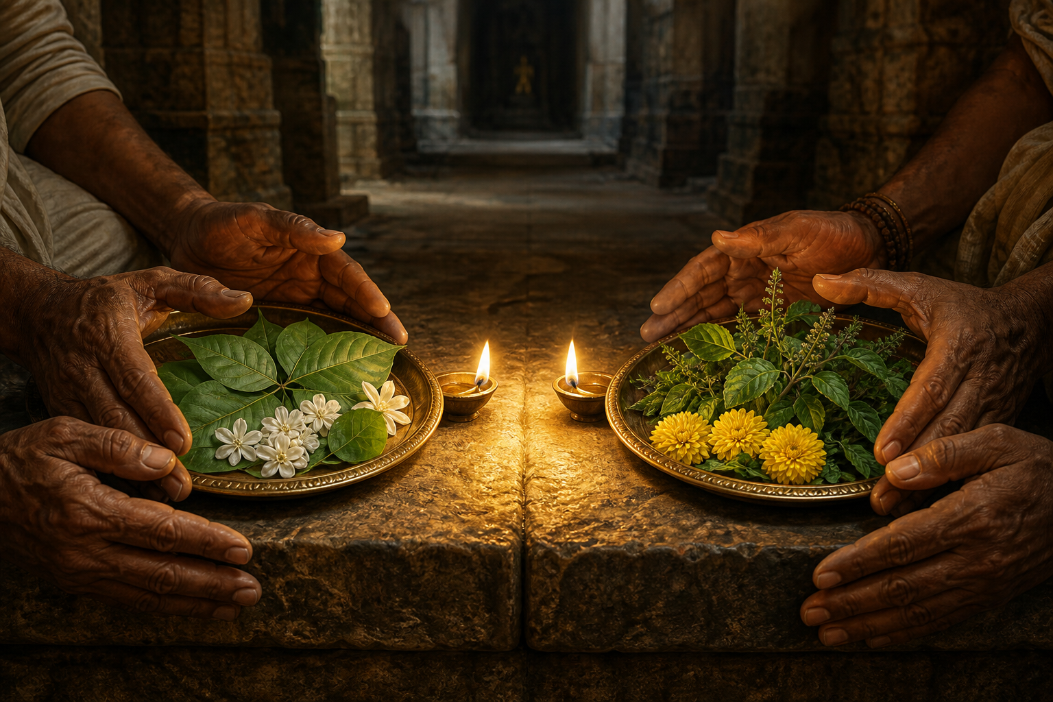 Hands guard two separate worship trays while the light from their oil lamps merges on the stone between them.