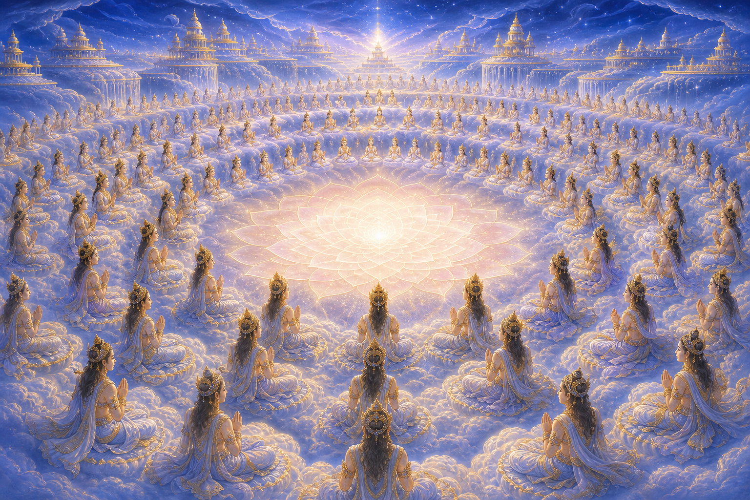 Many equally scaled celestial figures form concentric arcs around an open, softly glowing center in the clouds.