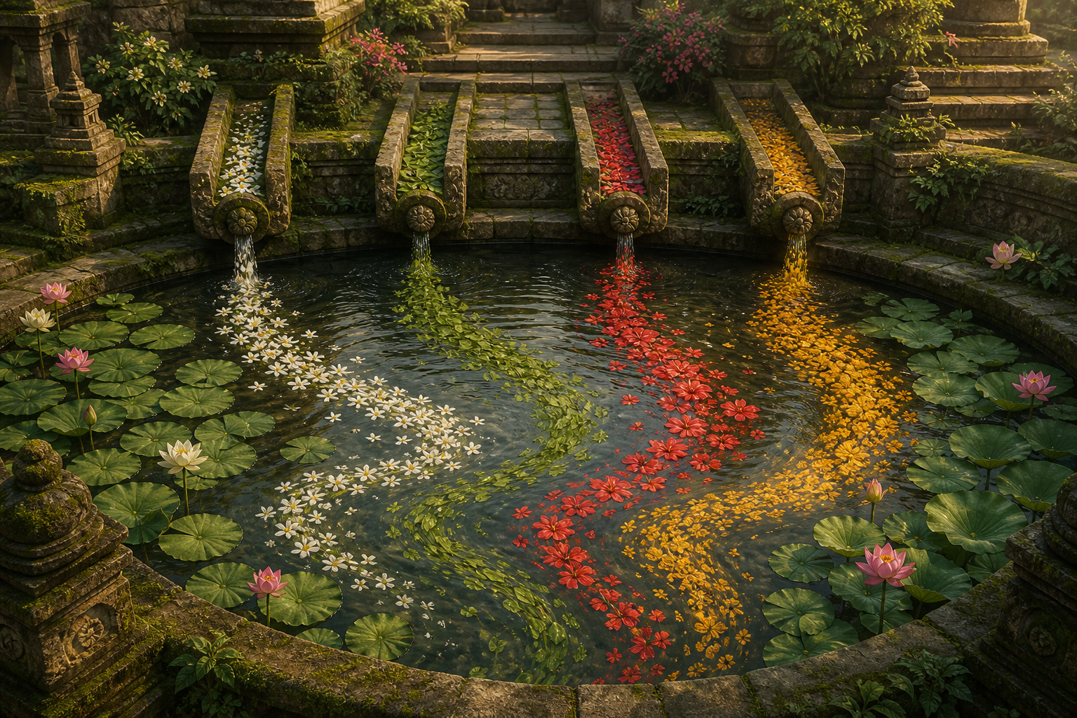 Four flower-filled streams enter one lotus pond while remaining visible as separate currents.