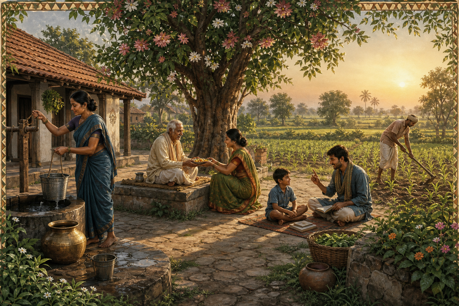 People of several generations draw water, teach a child, tend crops, and serve a meal in a sunlit courtyard and field.