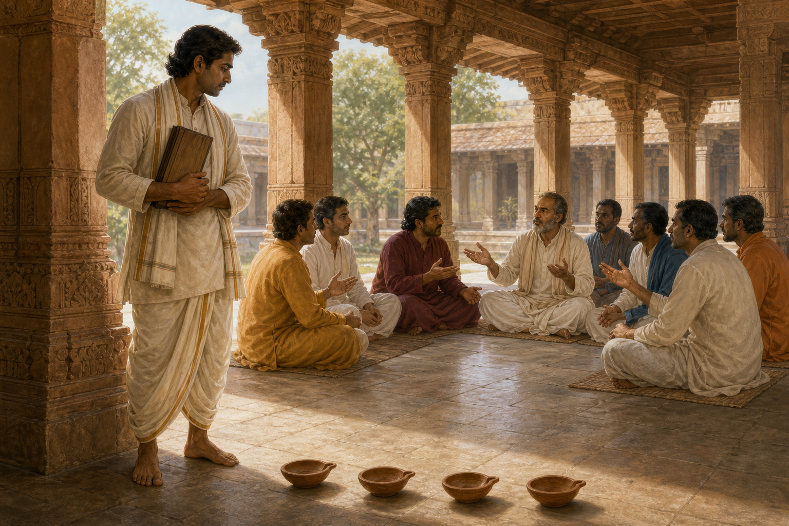 A devotee pauses beside four clay lamps before joining a respectful discussion in a temple learning hall.