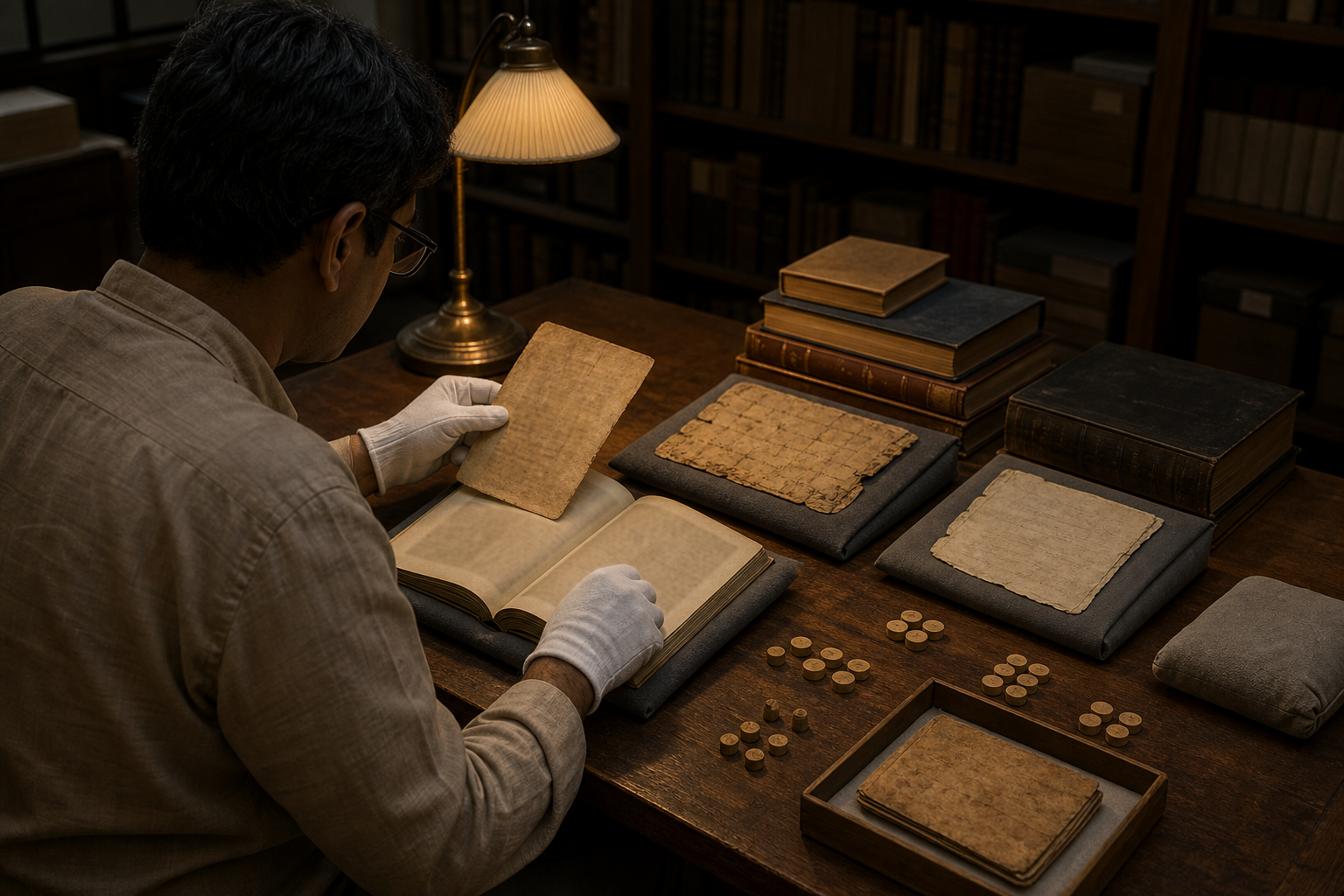 A researcher compares aged manuscript folios and reference books at a softly lit archive table.