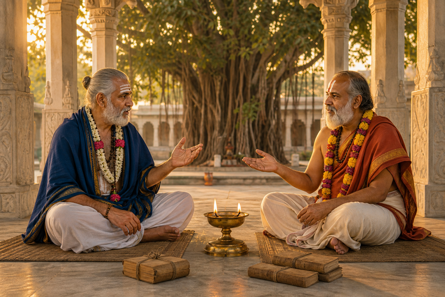 Two Hindu scholars with different devotional markings sit across from each other in respectful discussion beside a two-wick lamp.