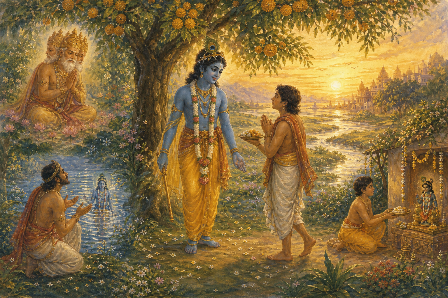 Krishna receives a devotee beneath a flowering tree, surrounded by scenes of Brahma bowing, Akrura kneeling by the Yamuna, and child Raghunandana making an offering.