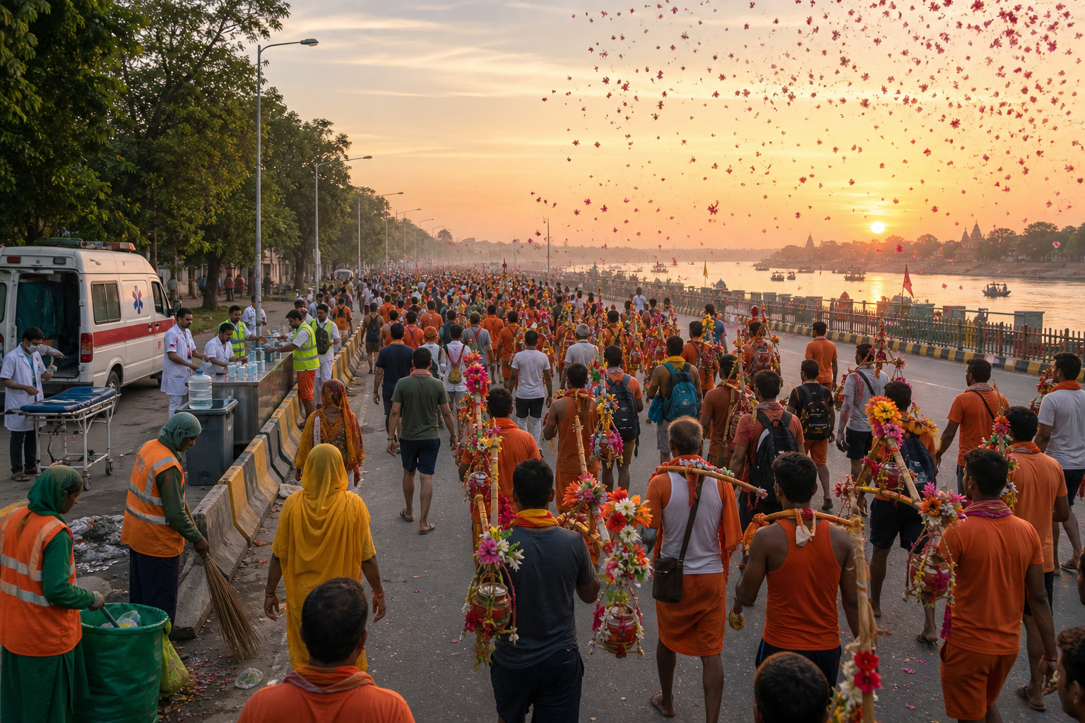 Kanwar Yatra pilgrims carry decorated kanwars along a managed road with traffic barriers, sanitation workers, a water point, first-aid staff, an ambulance and flower petals overhead.