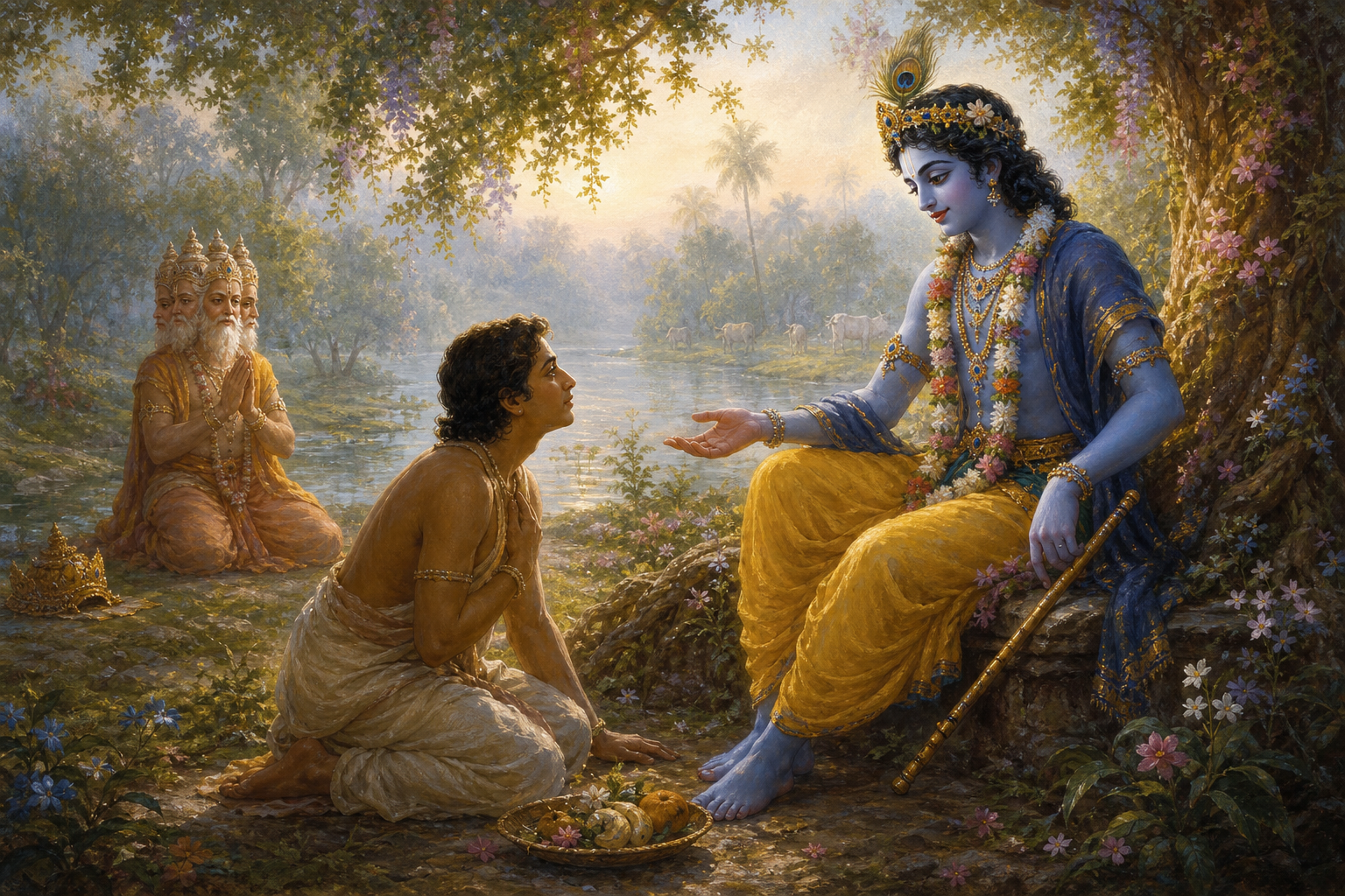 Krishna faces a bowing devotee in a riverside grove while four-headed Brahma kneels behind them with his crown set on the ground.