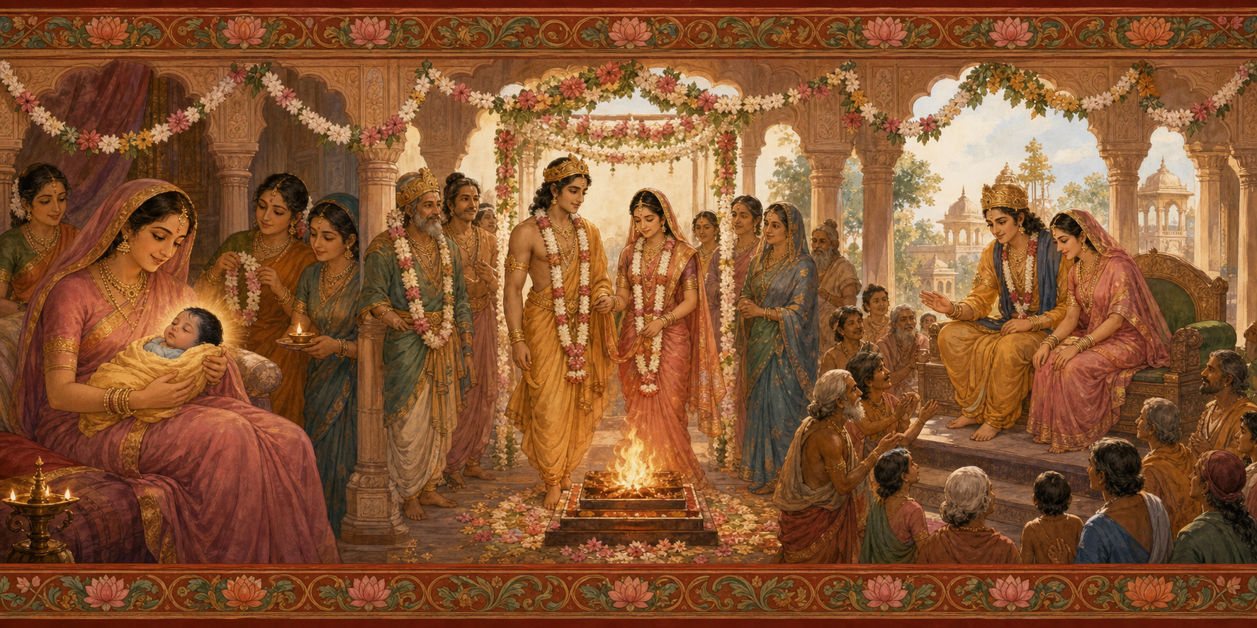 Three-part illustration showing Kausalya holding the newborn Rama, Sita and Rama beside a wedding fire, and the royal couple meeting citizens at their coronation.